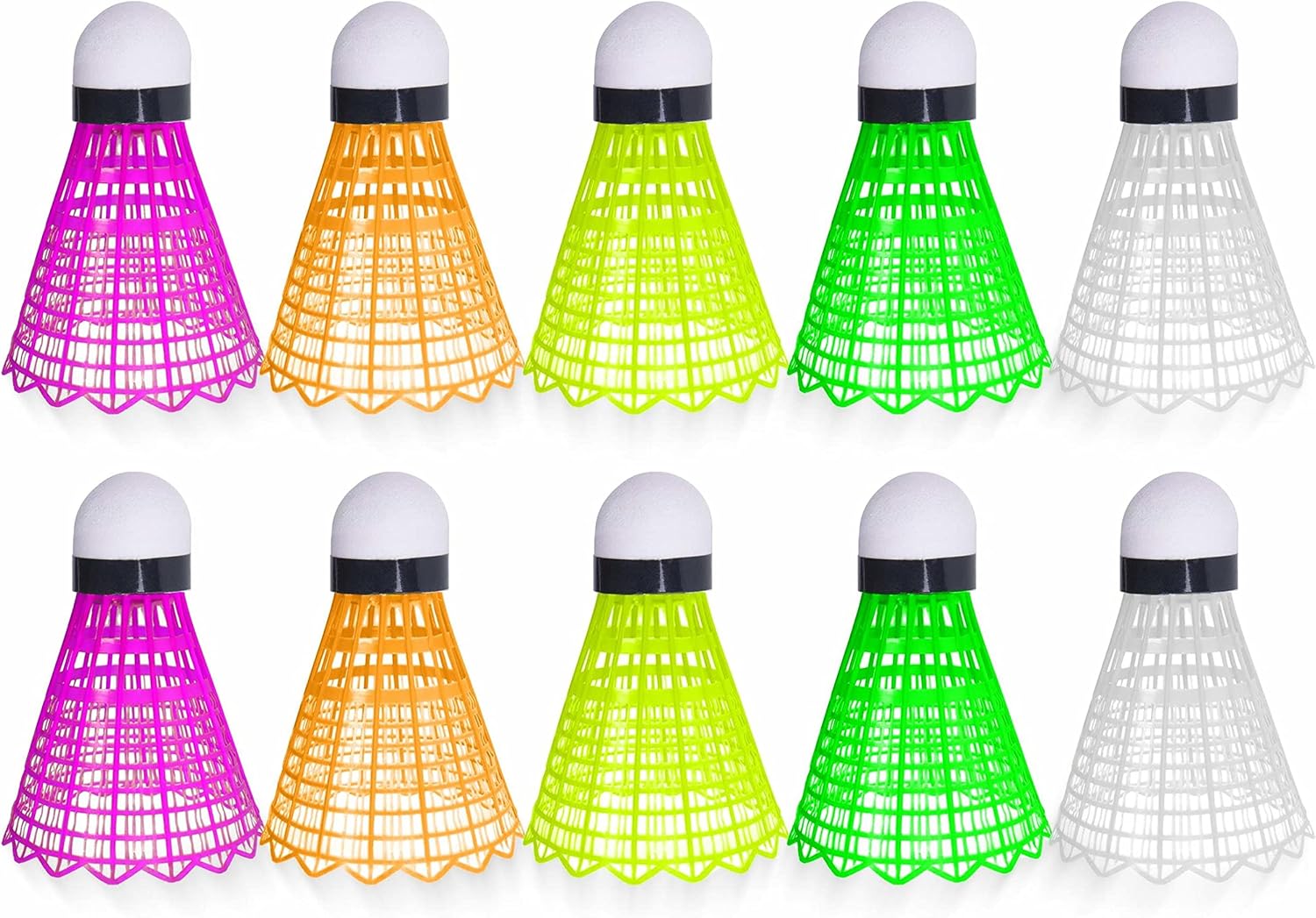 Neon Plastic Shuttlecocks | 10-Count of Highly-visible, Brightly-colored Badminton Birdies in Ultra-neon Pink, Green, Orange, Yellow, and White | Durable Nylon and Plastic Materials