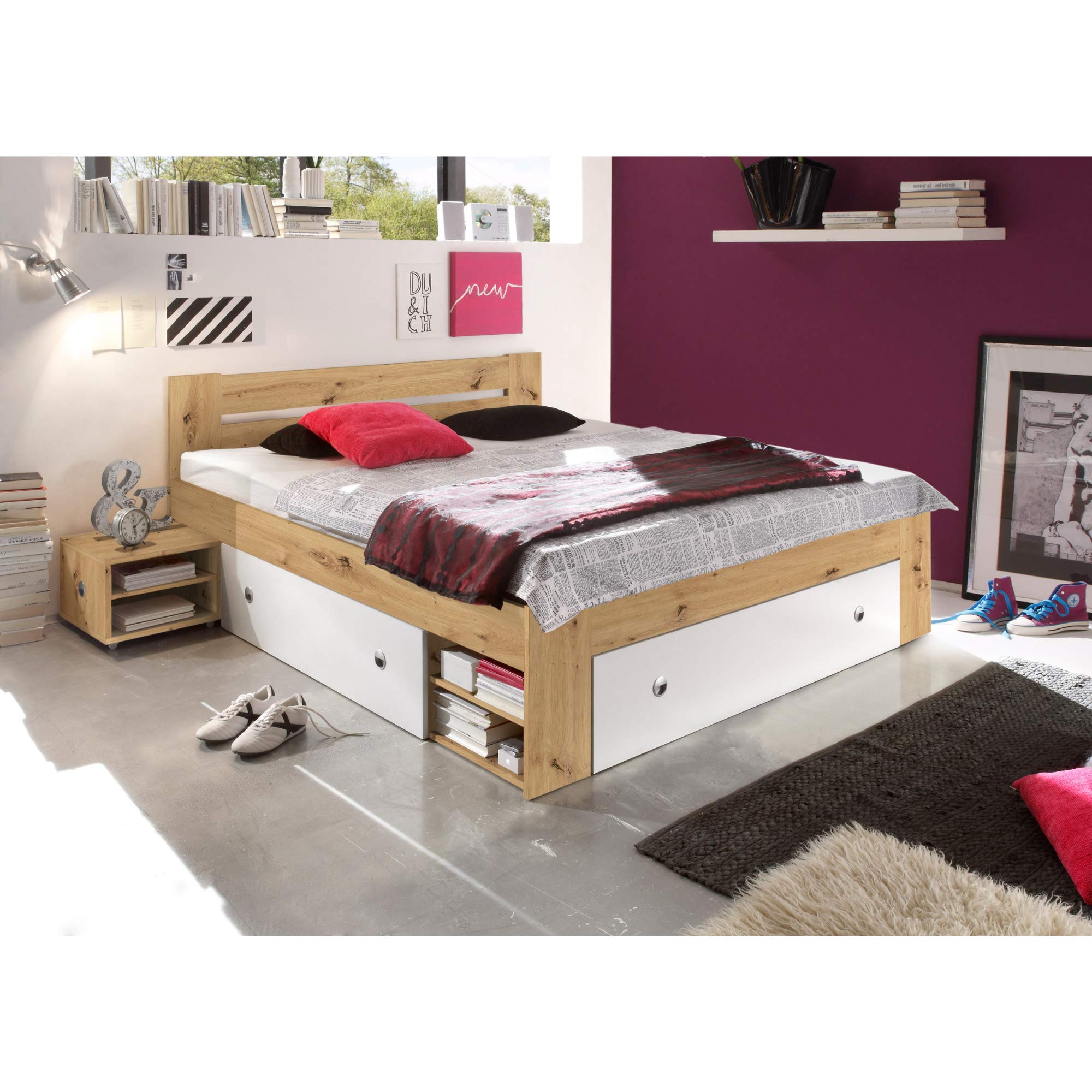 Stella Trading Stefan Moderne Doppelbett Bettanlage 180 x 200 cm mit 2x Nachtkommoden - Schlafzimmer Komplett-Set in Artisan Eiche Optik, Weiß - 185 x 86 x 204 cm (B/H/T)