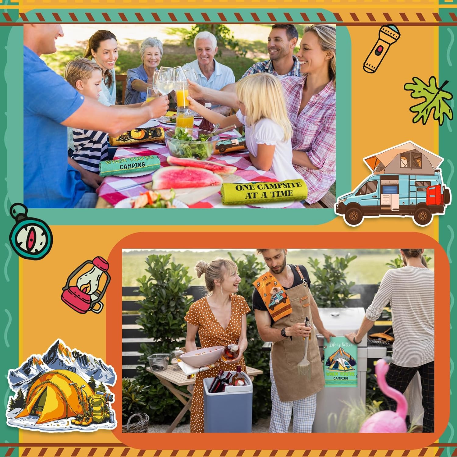 Boyiee Set of 6 Camping Kitchen Towels Absorbent Dishcloths Bonfire Tent Car Tea Towels 24 x 16 Inches with Funny Sayings Novelty Gifts for Campers Happy Camper Camping Accessories for Rv Campers - Image 2