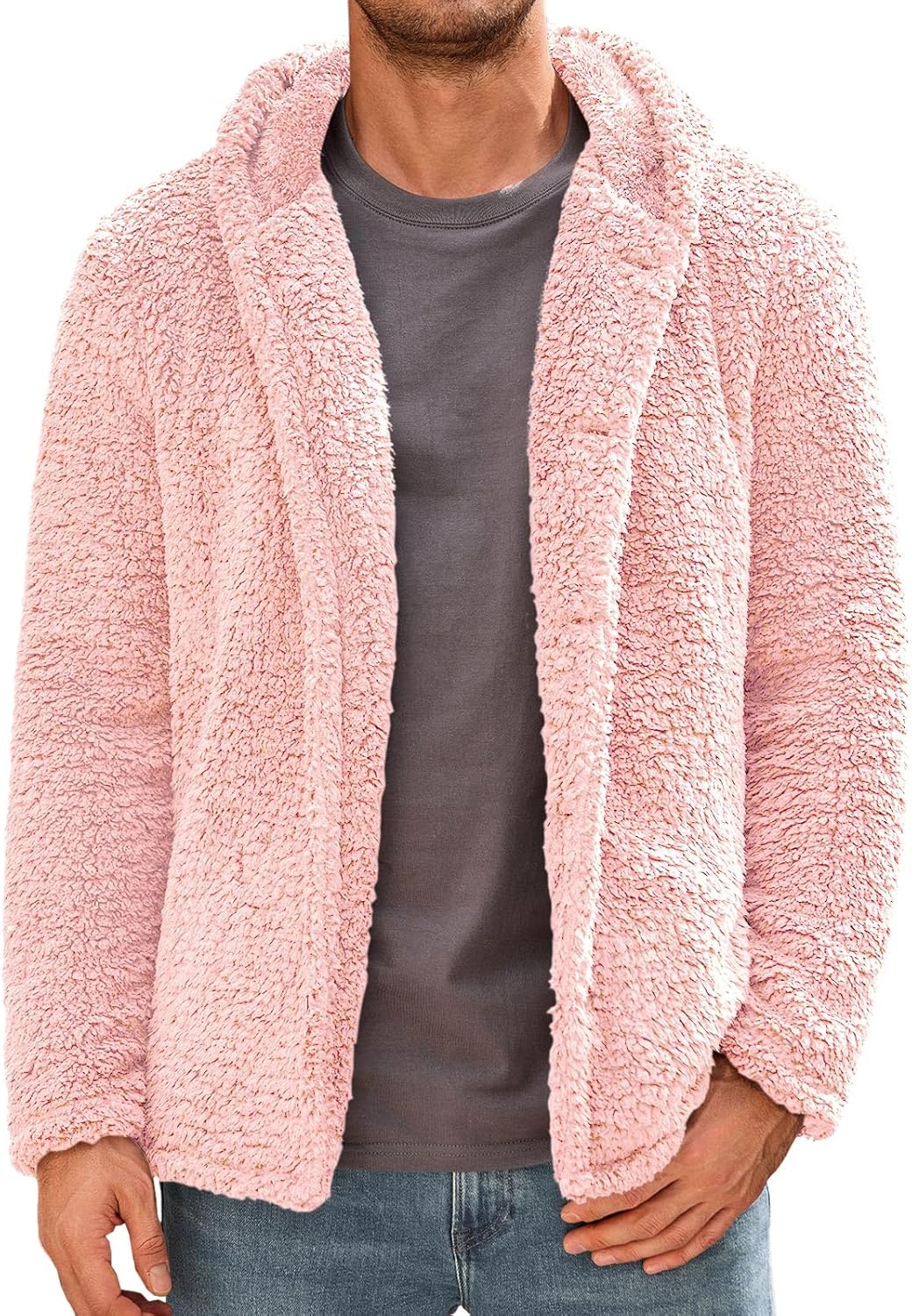 Runcati Mens Fuzzy Sherpa Hoodie Long Sleeve Button Down Fleece Jackets Casual Winter Hooded Sweatshirt