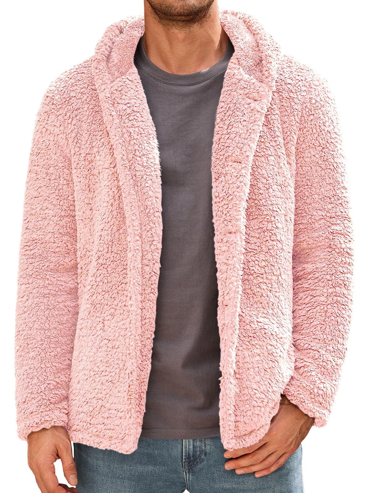 Runcati Mens Fuzzy Sherpa Hoodie Long Sleeve Button Down Fleece Jackets Casual Winter Hooded Sweatshirt
