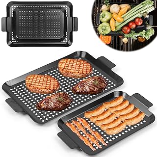 Grill Tray Set Of 2 Outdoor Grill Pans Tray Grill Pans with Hole Nonstick Barbecue Grilling Baskets for Outdoor Camping Vegetable Meat (2 grill pan)