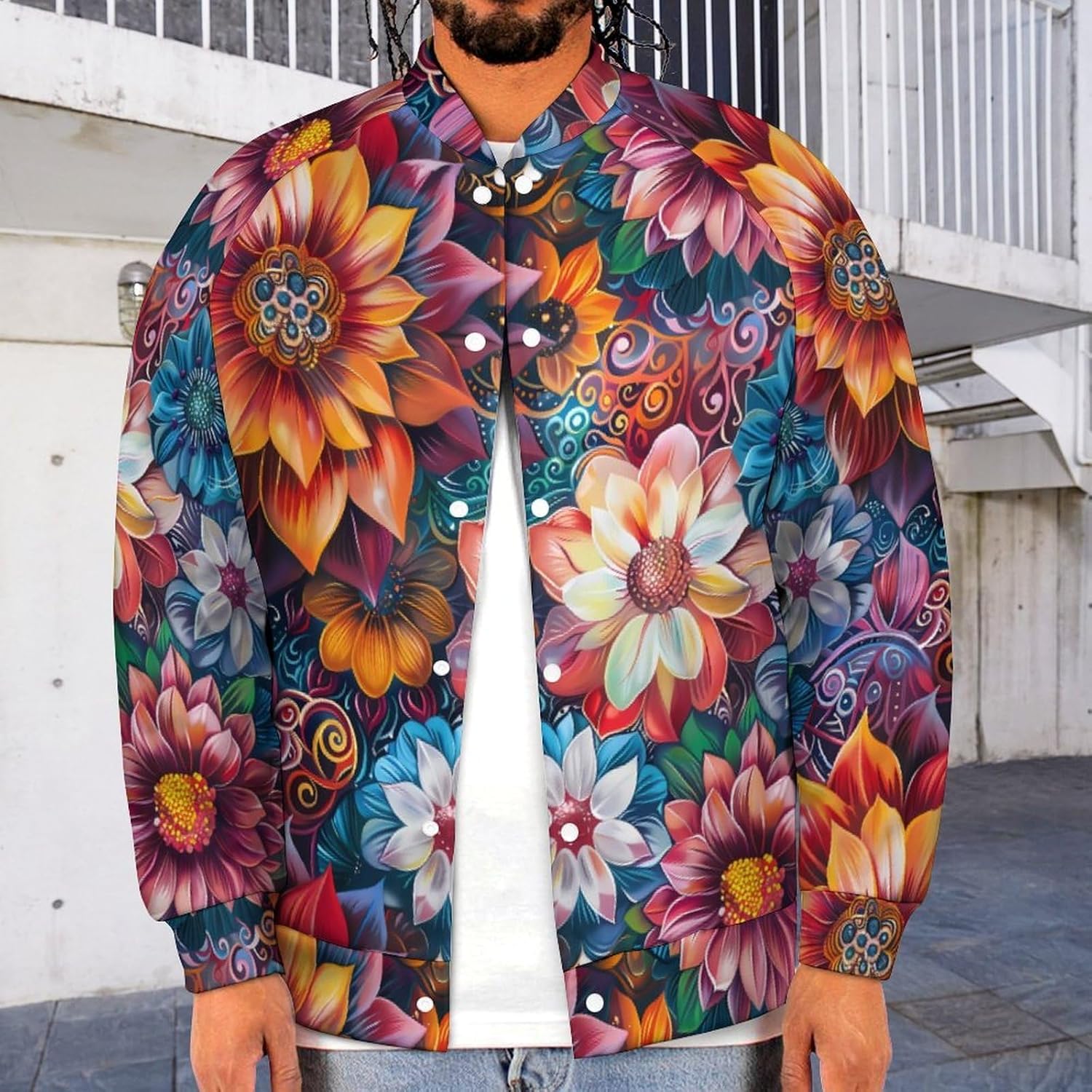 Colorful Floral Mandala Novelty Men's Baseball Jackets Causal Sweatshirt Button Top Long Sleeve Coat