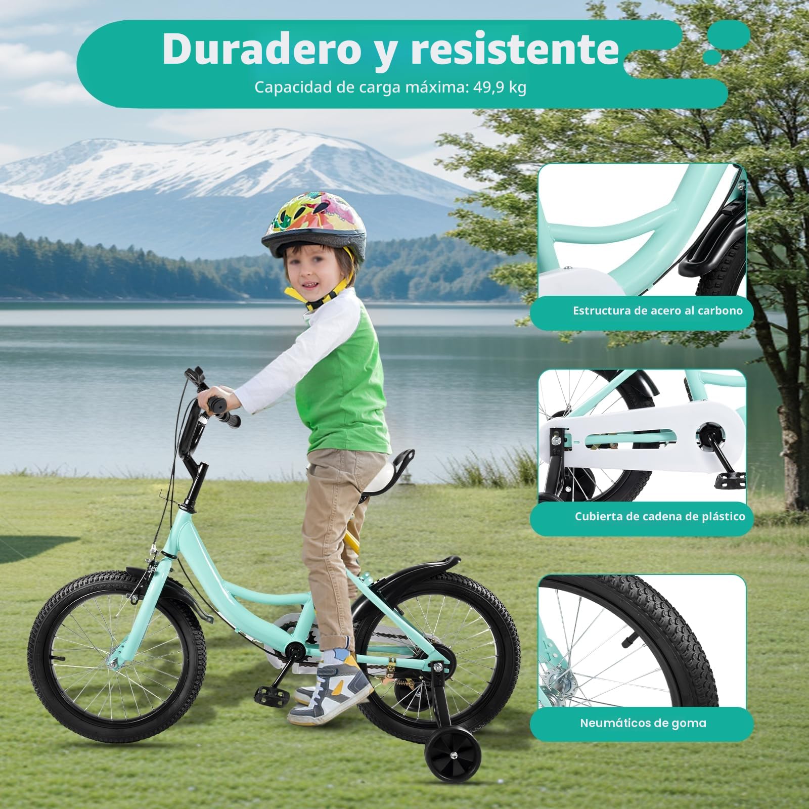 Bicicleta infantil de 16 pulgadas a partir de 4-8 años, para niños y niñas, con ruedas de apoyo, altura ajustable, color verde y negro