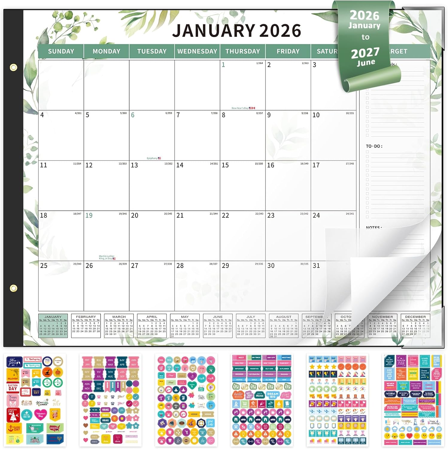 Ospelelf Desk Calendar 2026-2027 Large 22"x17" Monthly Family Planner Pad with Protective Cover 18 Months January 2026 - June 2027 Floral Green