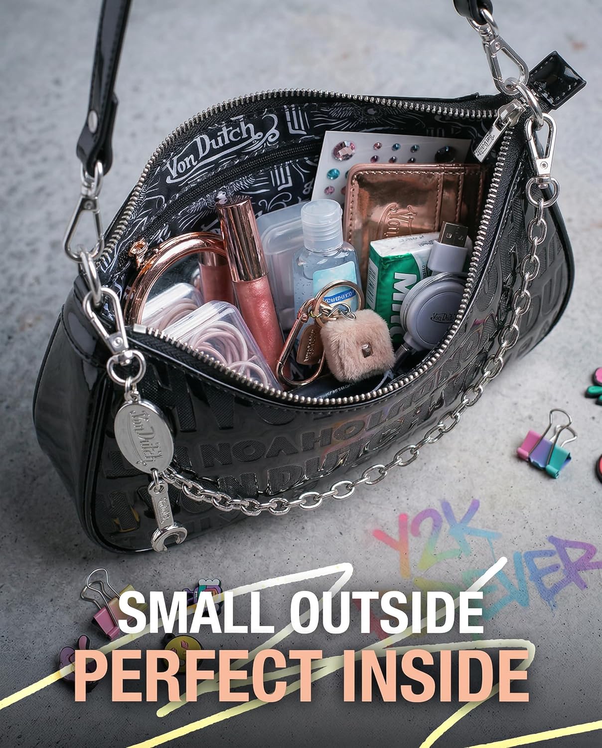 Von Dutch Small Shoulder Bag for Women, Vegan Leather Y2K Purse with Chain Strap & Zip Closure