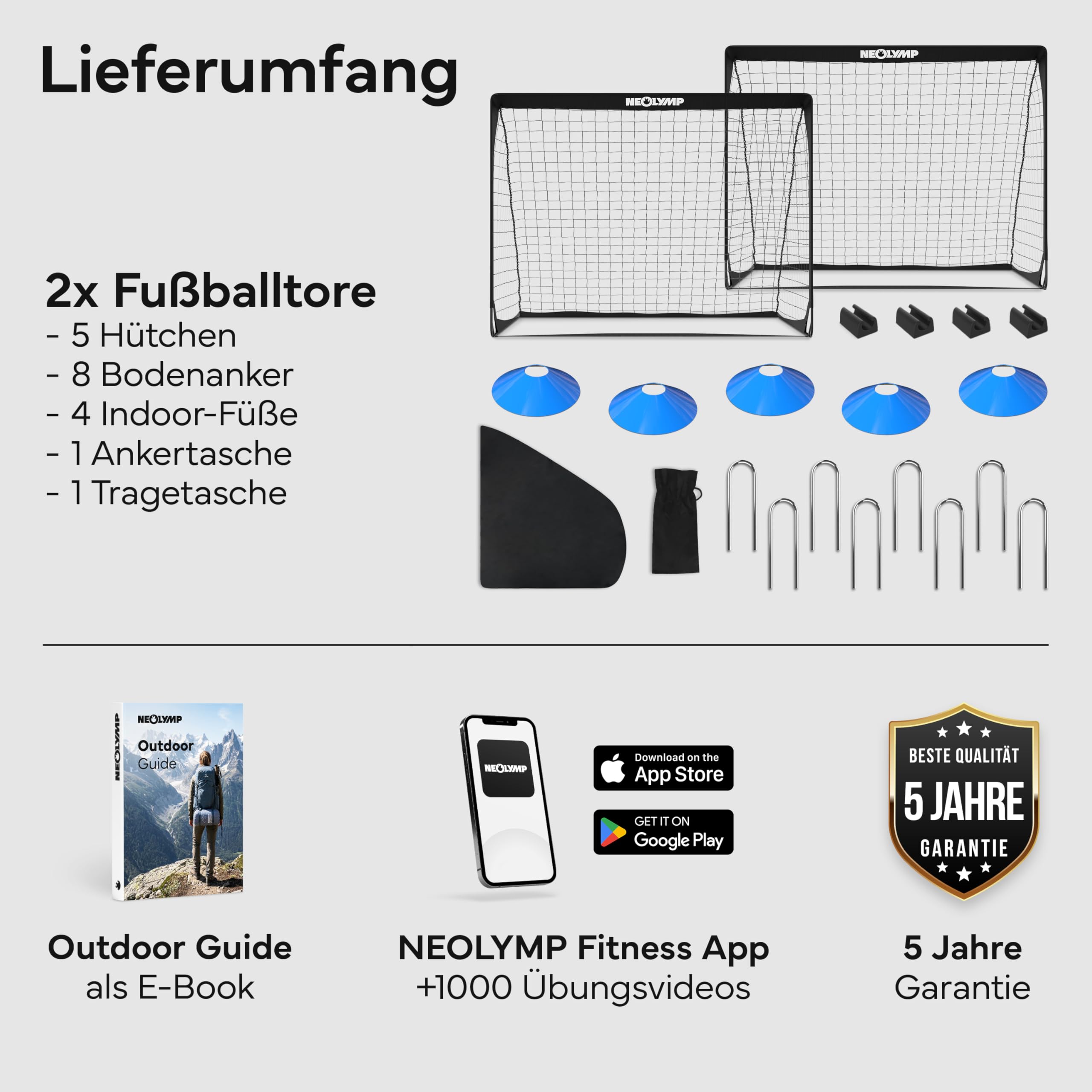 NEOLYMP Fußballtor Kinder Set – Faltbare Tore für Garten & Outdoor – Robuste 9 mm Fiberglas-Stangen – Mit Hütchen, Karabinern, Indoor-Füße & Tragetasche – Fußball-Training - Fußball Trainingszubehör