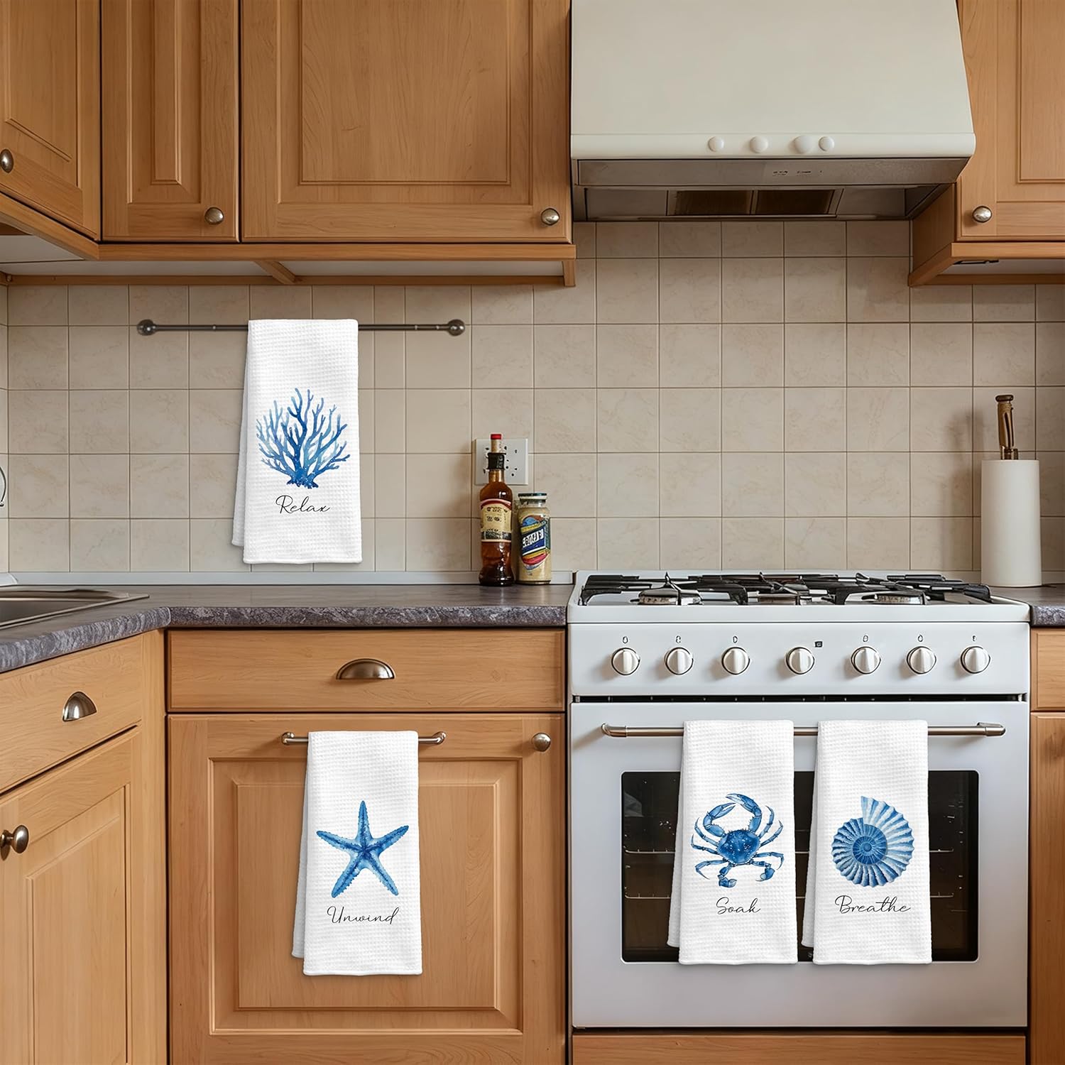 Beach Hand Towels for Bathroom Kitchen Set of 4, Costal Beach Kitchen Towels, Blue Ocean Coral Starfish Crab Conch Decorative Towels for Bathroom, 16x24 Inch - Image 4
