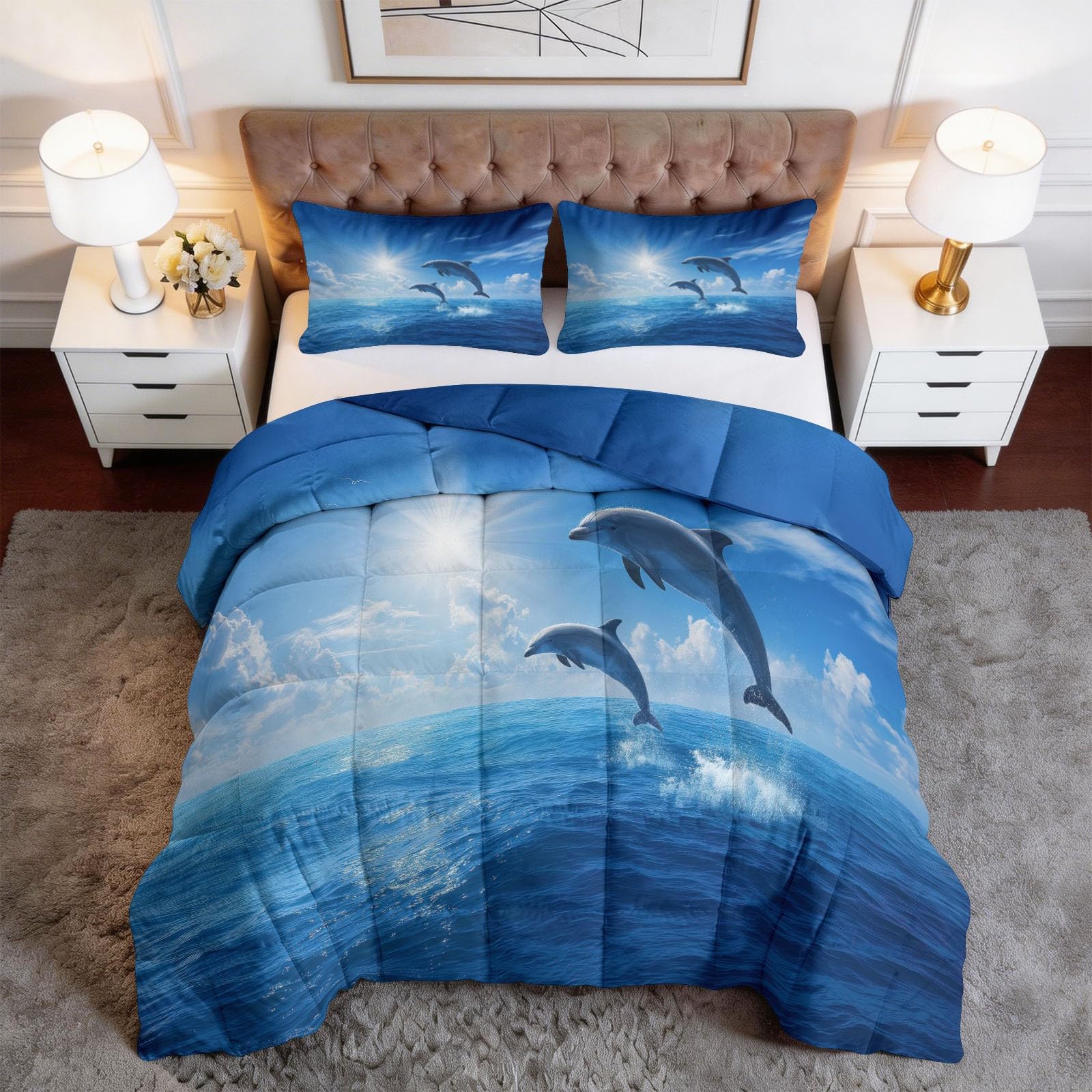 Couette sans Océan Housse Bleu, Couette Imprimée 2 Personnes Réversible 4 Saisons Nature Animaux Dauphin Edredon 200 x 200 cm - Parure de lit pour Ados Garçons Adultes avec 2 Taies d'oreiller
