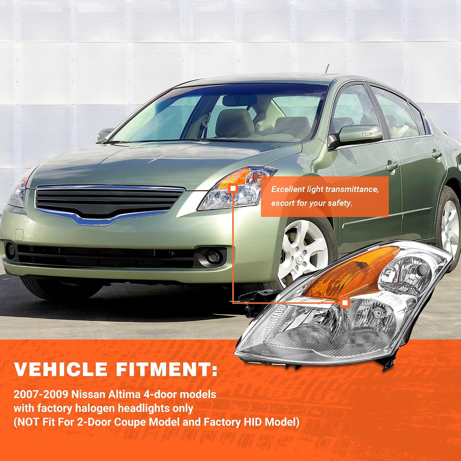 Headlight Assembly for 2007 2008 2009 Nissan Altima Sedan 4-Door Chrome Housing Amber Reflector Clear Lens Replacement Driver and Passenger Side 𝐍𝐎𝐓 Fit 𝟐 𝐃𝐨𝐨𝐫 𝐂𝐨𝐮𝐩𝐞 𝐌𝐨𝐝𝐞𝐥𝐬