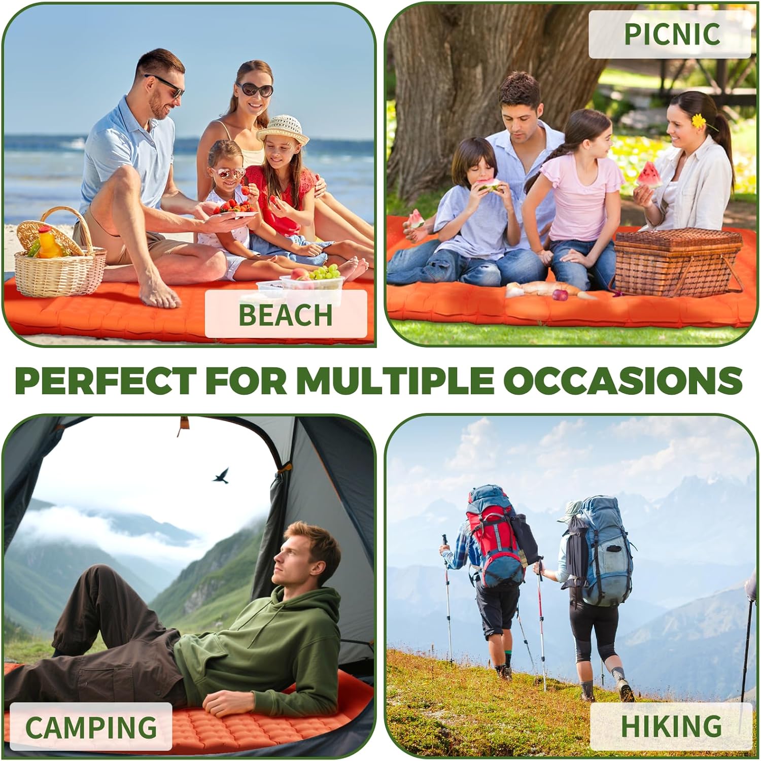 Double Sleeping Pad Self-Inflating, Built-in Foot Pump Extra-Thick Portable Camping Mat for Camping Hiking Travel, Orange