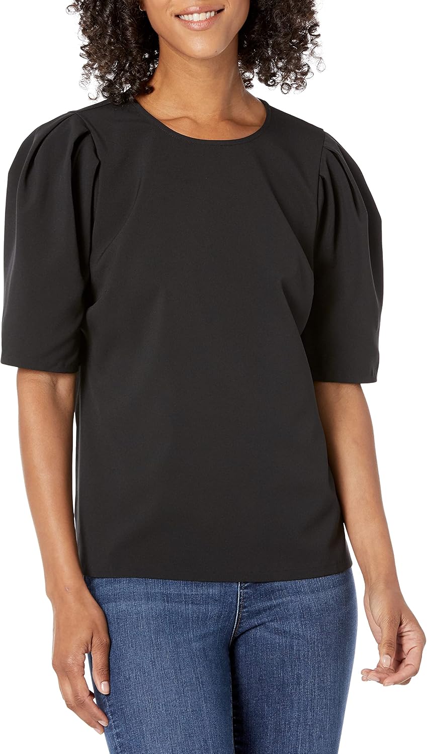 Lark & Ro Women's Stretch Woven Half Sleeve Crew Neck Shirt