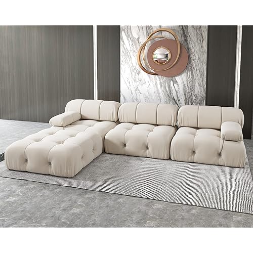 Modern Velvet Sectional Sofa, L Shape Minimalist Modular 4-Seater Sofa with Ottomans for Living Room Office Apartment (104in/Beige)