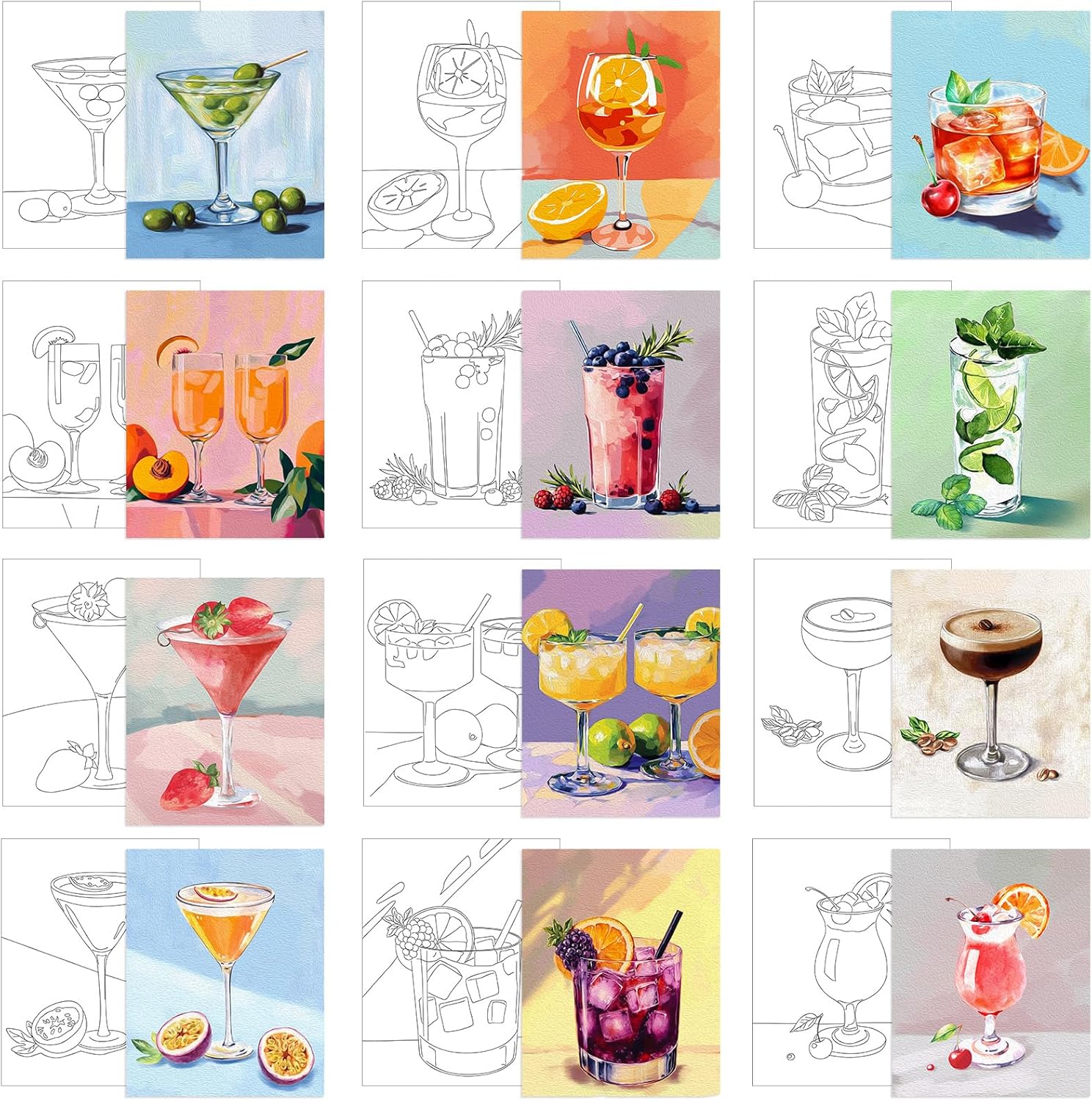 Affrolling 12 Pcs Pre Drawn Canvas for Painting for Adults 8 x 8 Inch Canvas Painting Kits Stretched with Drawing Ready to Paint Beginner Artists Date Night Party Supplies(Cocktail)