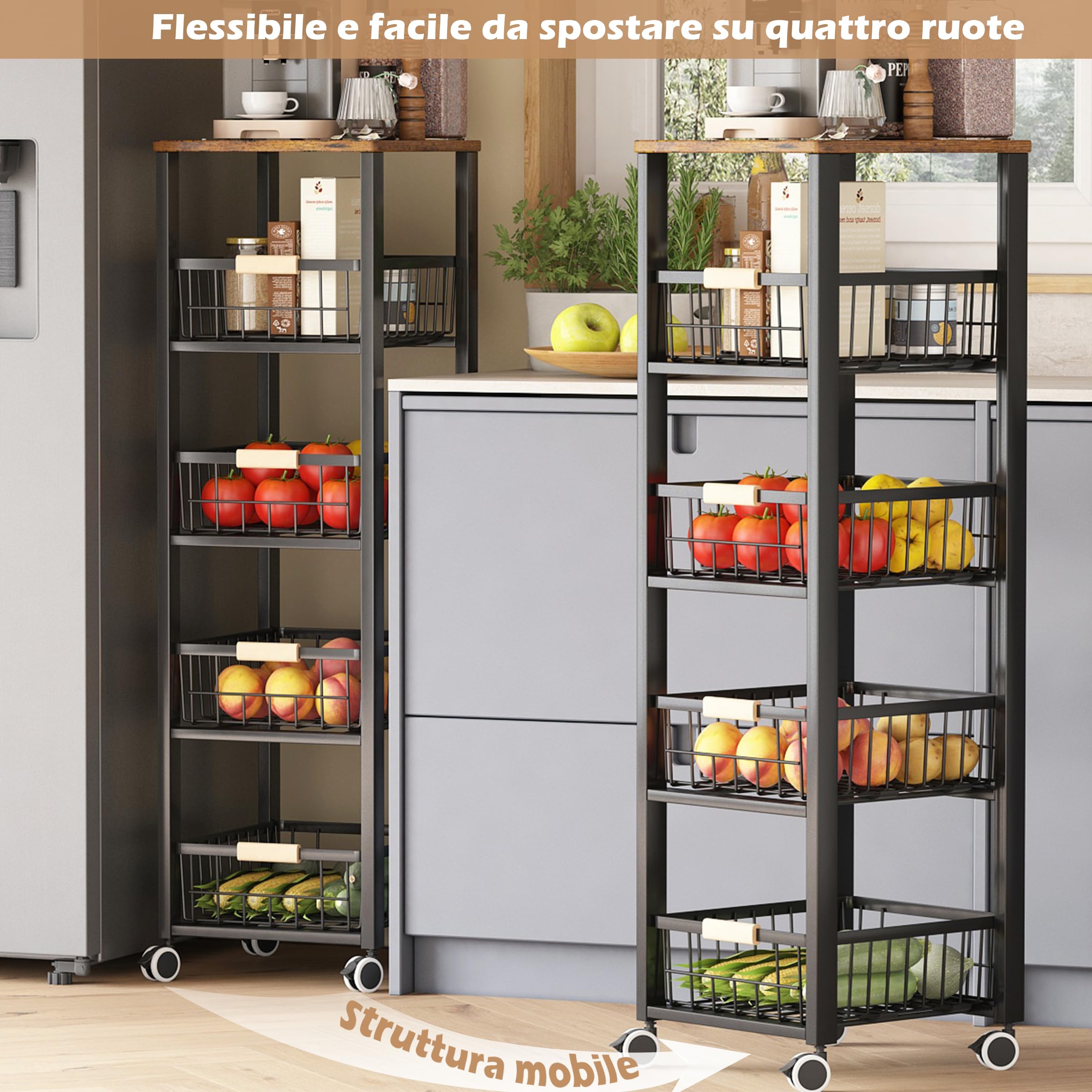 COVAODQ Carrello frutta da Cucina,Mensola per Verdure da Cucina, impilabile per Frutta Verdura 5 strati (nero)