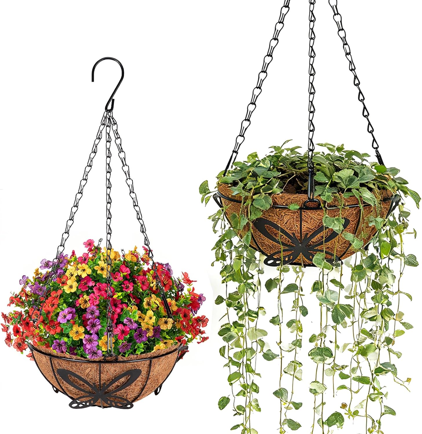 QCQHDU 2 Pack 10 inch Metal Hanging Orchid Baskets for Plants Outdoor, Hanging Orchid Planter Basket with Coco Liners, Orchid Pots with Holes for Garden, Patio, Deck, Porch Plants(Butterfly)