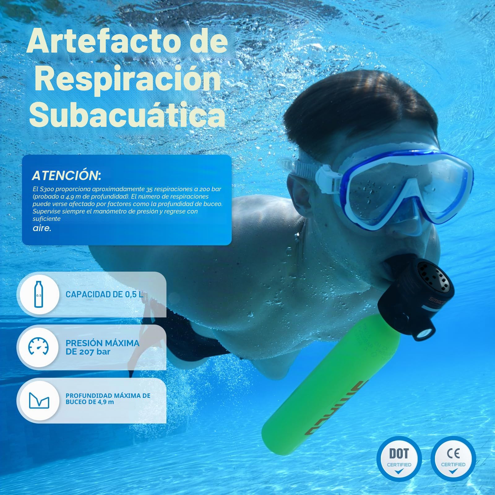 SMACO S300 Mini Botella de Buceo 0,5 litros Portatil Bombona de Buceo para Respiración Subacuática Pequeñas Botella Submarinismo Tanque de Buceo Recargable para Viajes Nadar Rescate