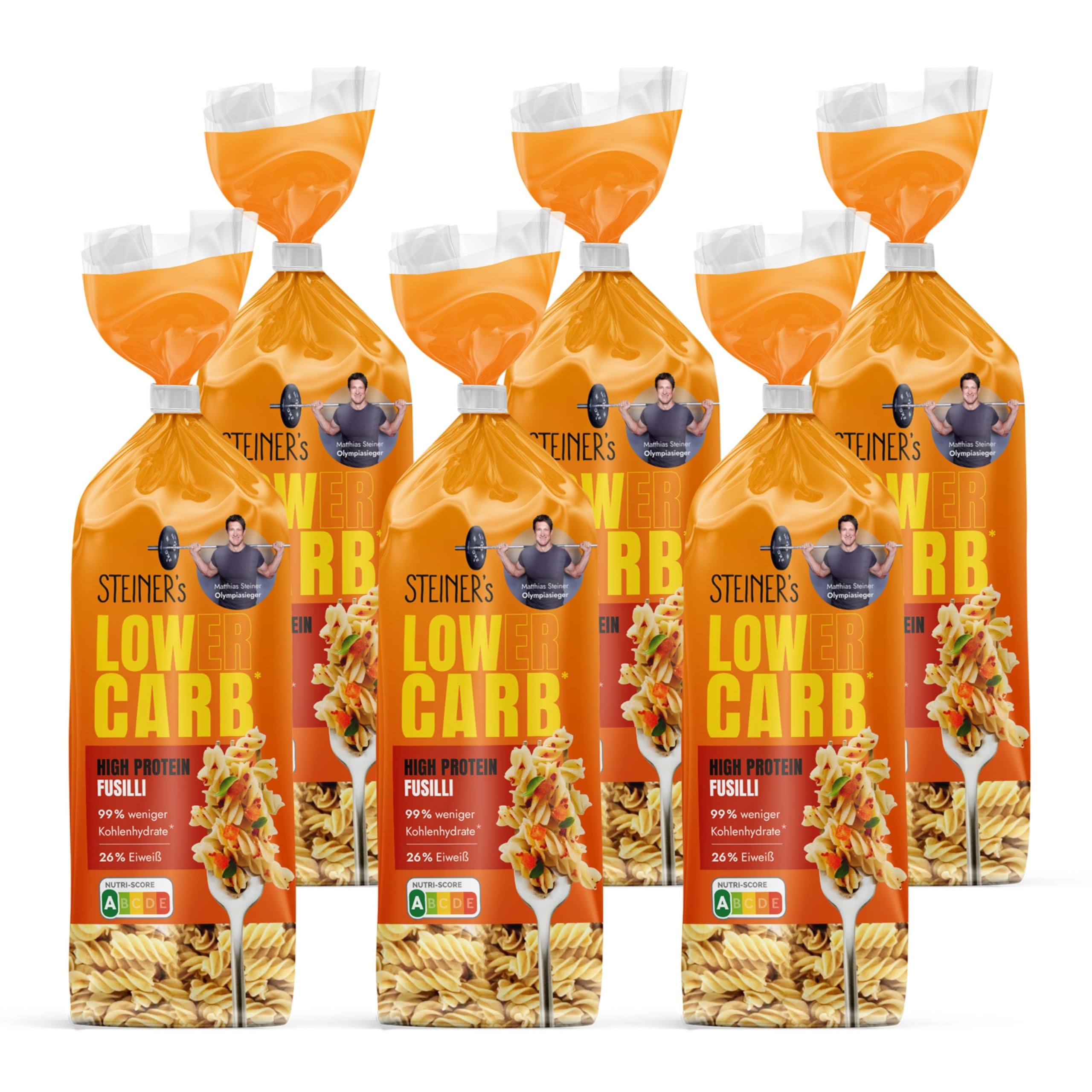 STEINER’s Low Carb Fusilli Protein-Pasta (6x250g) – 99% weniger Kohlenhydrate, High Protein, Ballaststoffreich