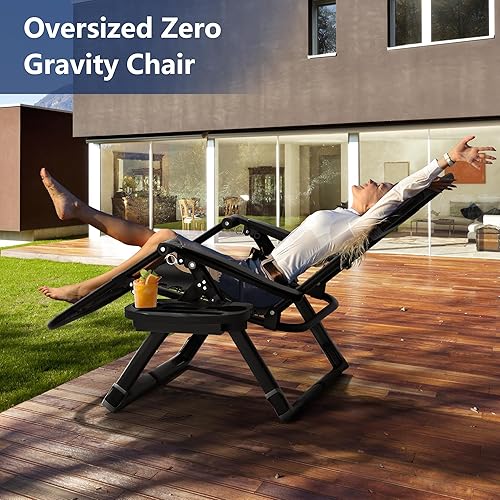 Miniatura 4 de Elevens Silla de gravedad cero de gran tamaño, silla reclinable de 28 pulgadas para patio con cojín y bandeja extraíbles, reposacabezas ajustable,