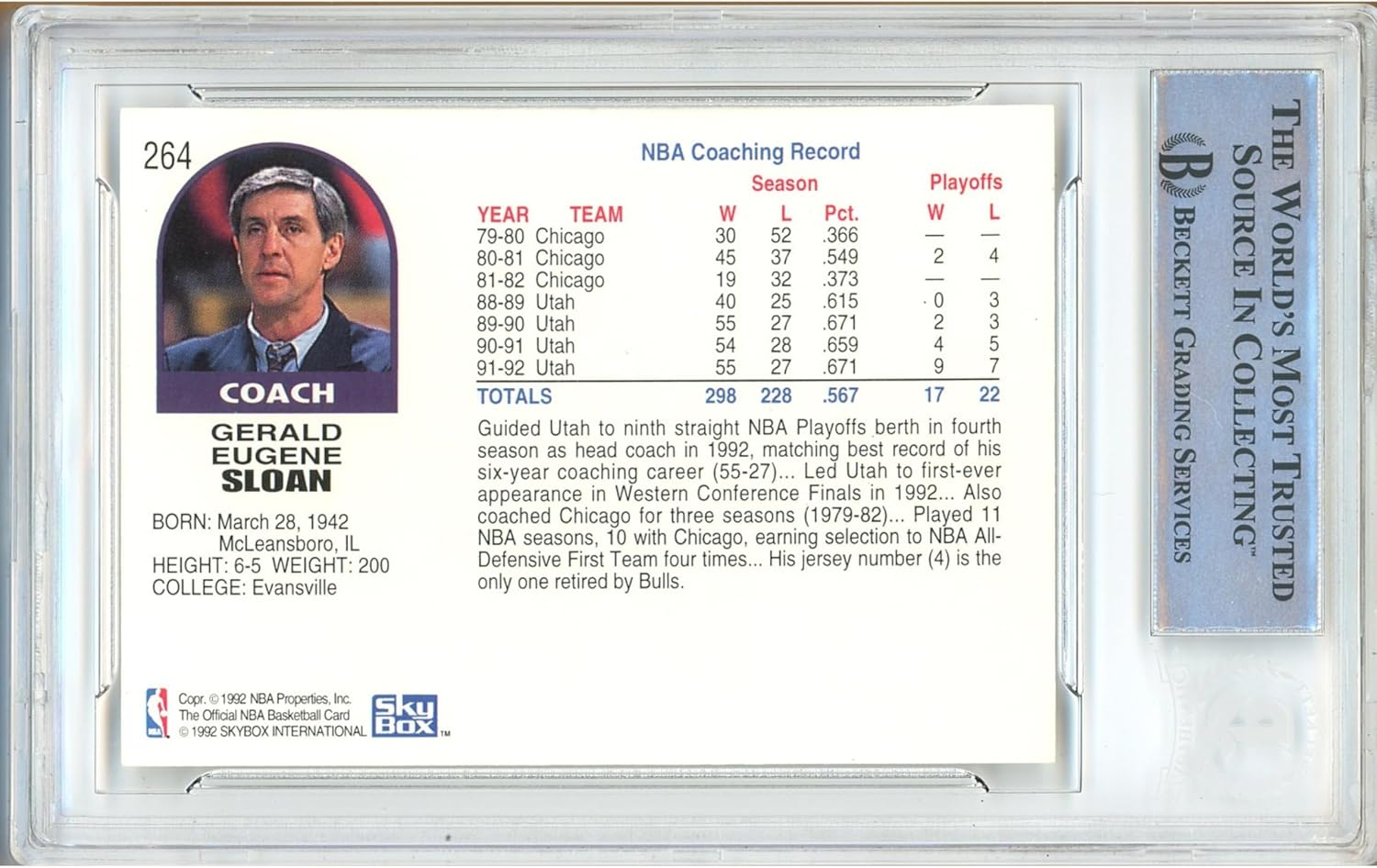 Jerry Sloan Autographed 1992 1993 Hoops #264 Basketball Trading Card Slab Beckett BAS Authentic Slabbed COA Coached For Utah Jazz NBA