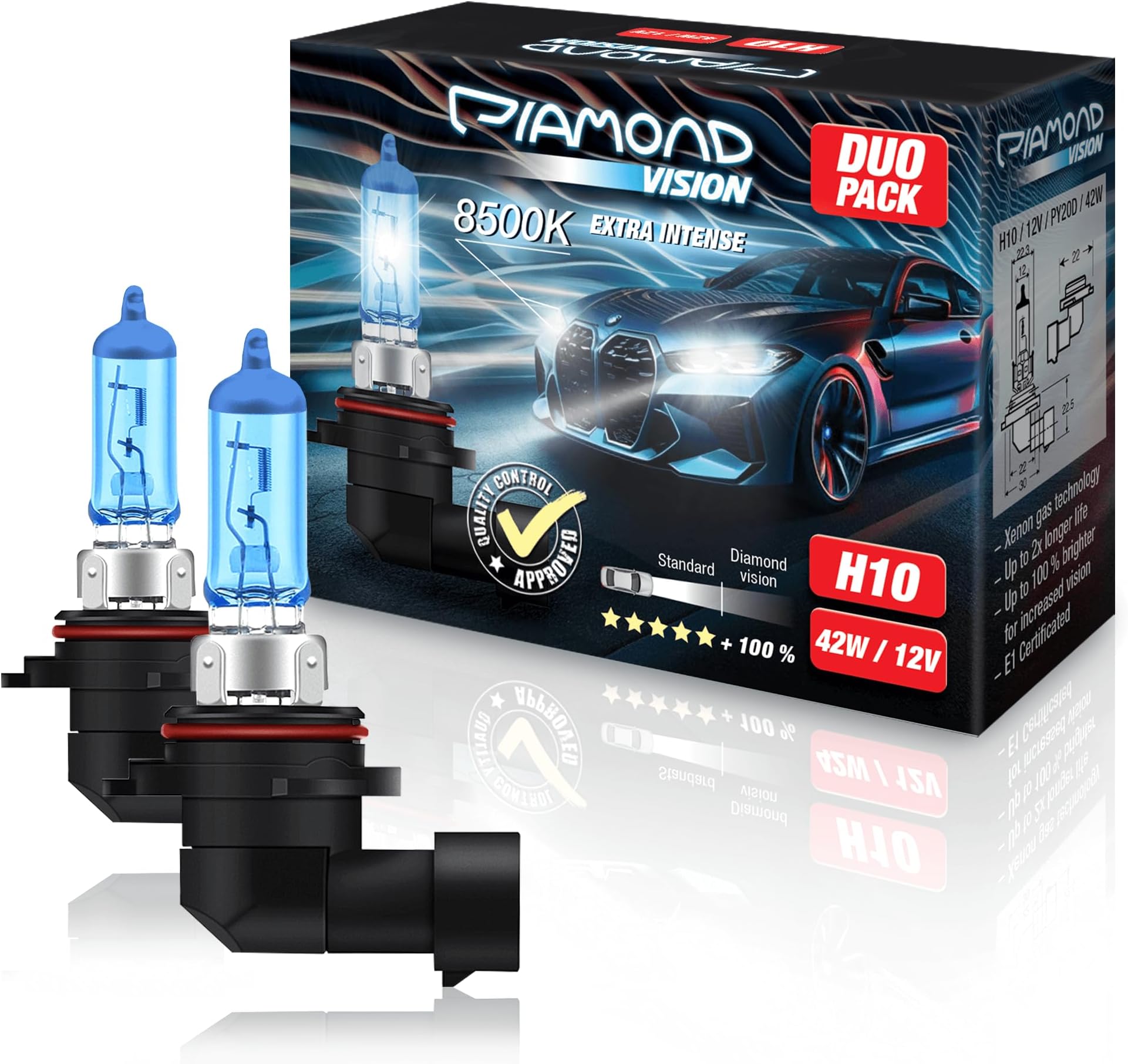 2x H10 12V 42W 8500K Diamond Vision Halogen Bulbs Alogene Effect Xenon Effect Look Blue White Racing Vision Anti Error Night Breaker Laser Moto PY20D