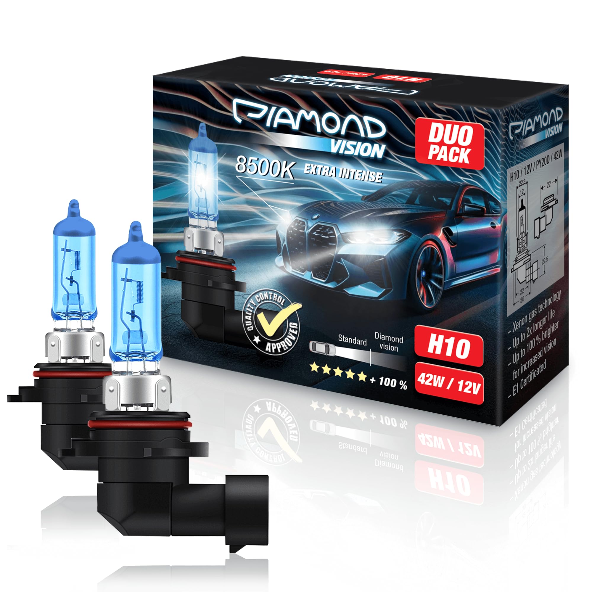 2x H10 12V 42W 8500K Diamond Vision Halogen Bulbs Alogene Effect Xenon Effect Look Blue White Racing Vision Anti Error Night Breaker Laser Moto PY20D