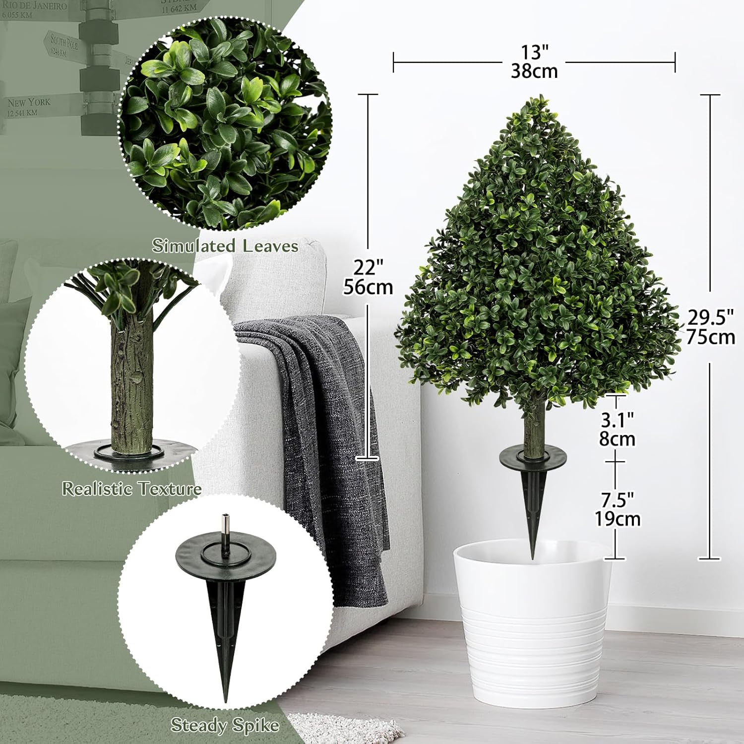 Briful Faux Boxwood Topiary Shrub with Ground Spike, 29.5" Artificial Topiary Trees Outdoors Fake Potted Boxwood Plants for Front Porch Garden Yard Home Decor