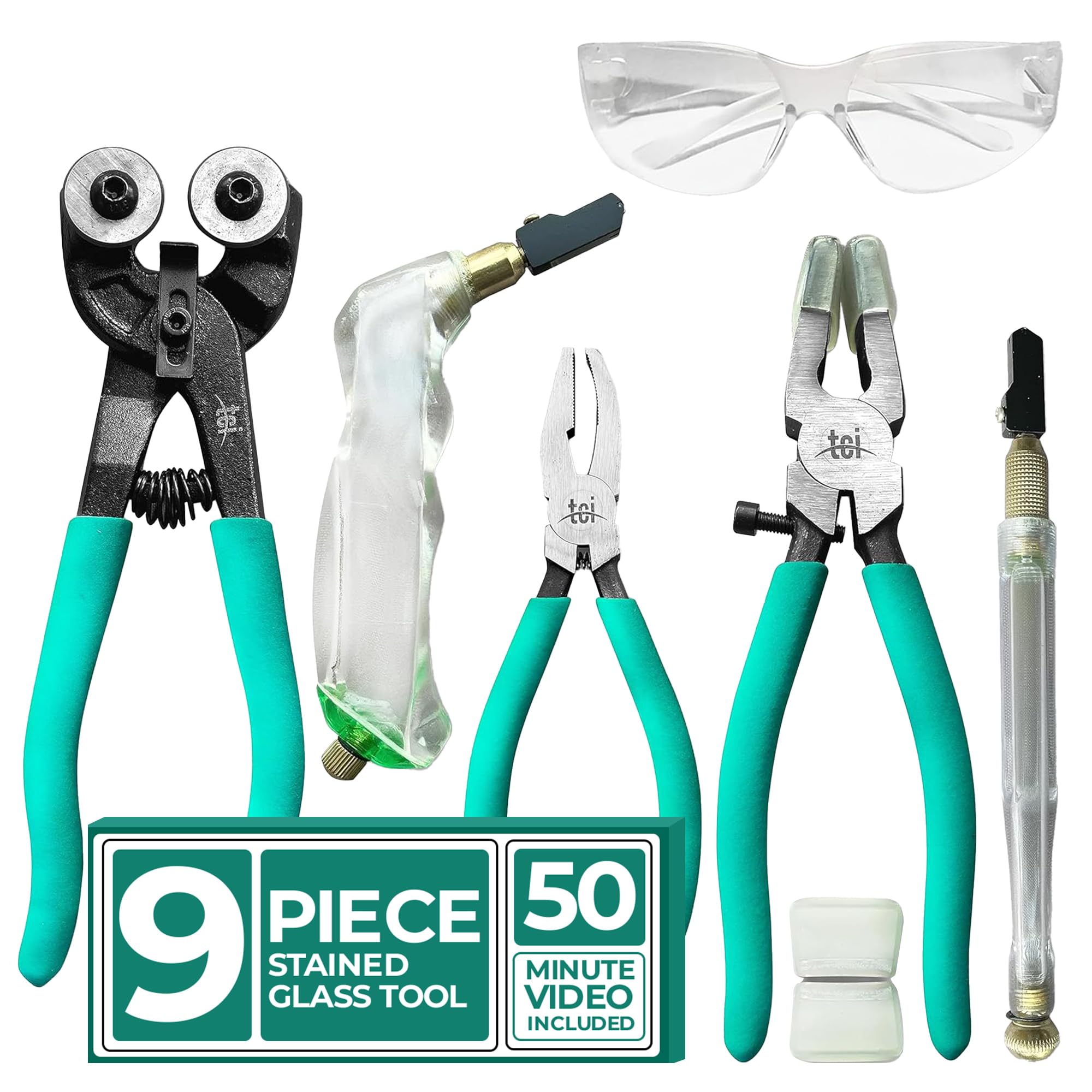 Professional Nine PC Stained Glass Tool Kit with Instructional Video, Carbide Wheel Mosaic Cutter, Oil Fillable Pistol and Pencil Grip Cutter, 1” Running Pliers, Breaking and Grozer Pliers