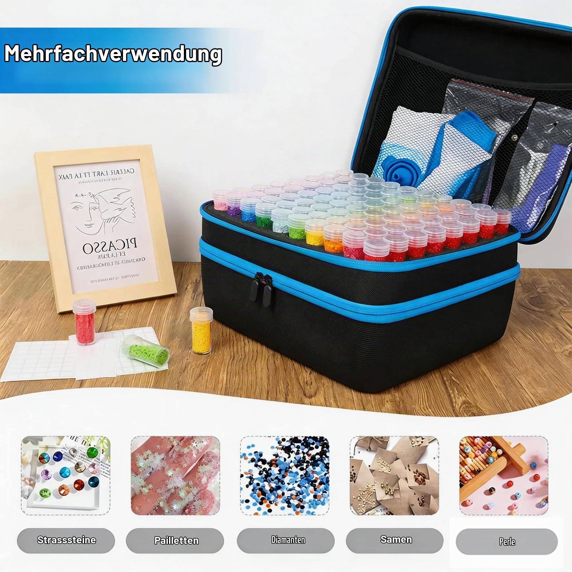 NEWFUN Diamond Painting Koffer, Diamond Painting Aufbewahrung, 240 Stück Diamant Painting Zubehör Boxen mit Koffer Trichter (blue)