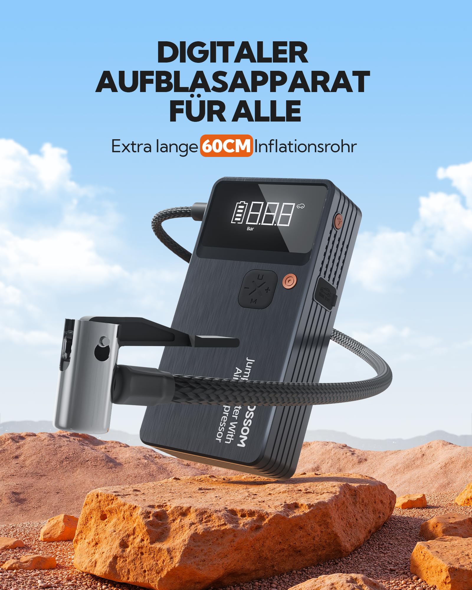 Starthilfe Powerbank für PKW mit 7 in 1 Portablem Luftkompressor,Powerpack kfz Booster mit 12000 mAh,Auto Jump Starter Batterie mit LED Lampe und USB-C Ladung,Reiseset und Notfallwerkzeug