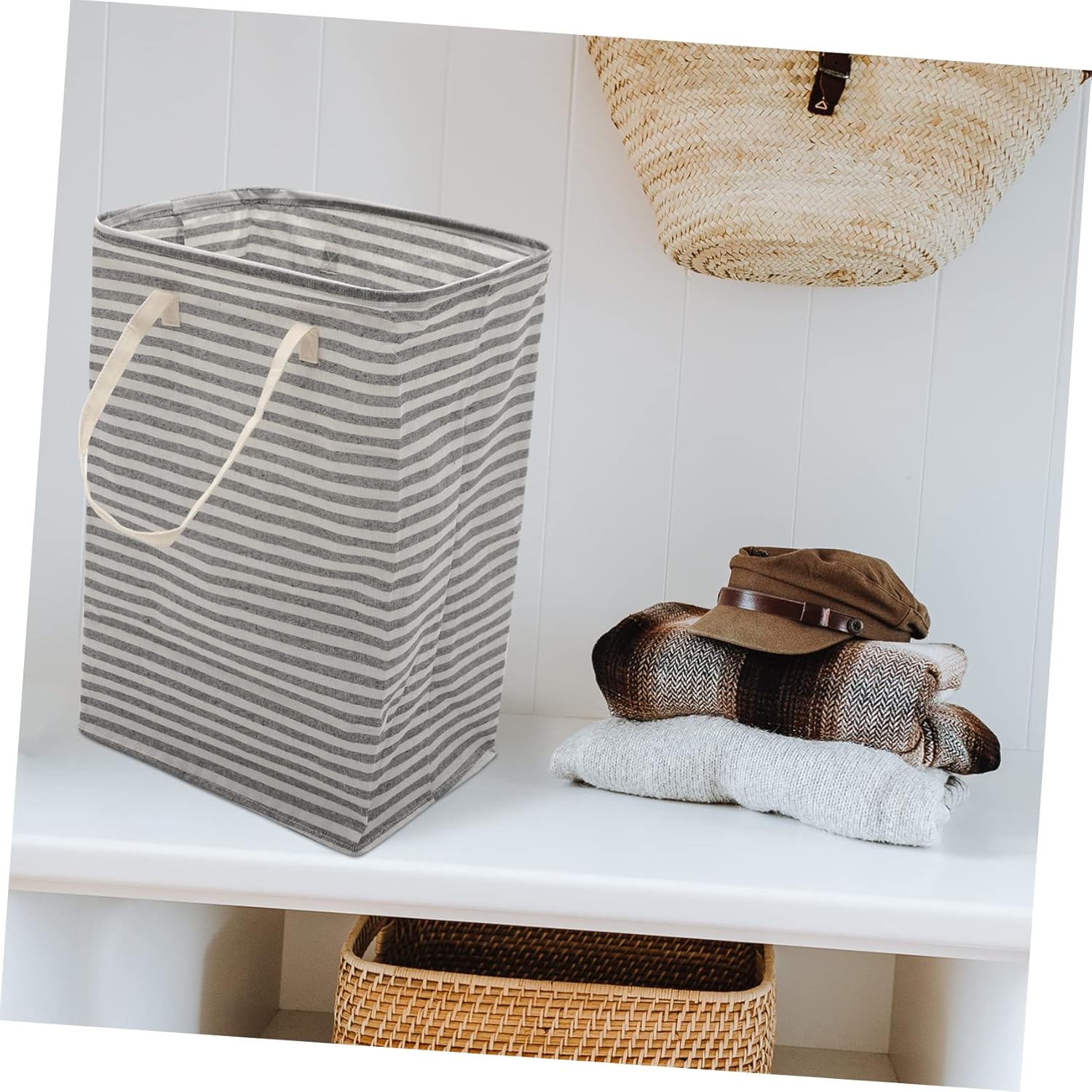 Large Foldable Laundry Basket with Handle Design Wear Resistant Cotton Linen Storage Container for Clothes and Household Organization Spacious Gray Striped Hamper for Bedroom and