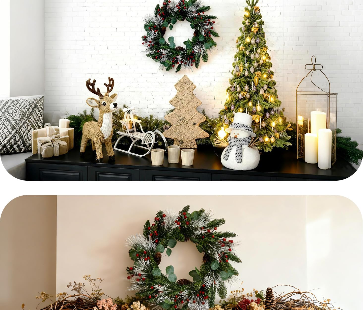 Christmas Wreath with Red Berries, Pine Cones, Eucalyptus Leaves, Artificial Holiday Door Decoration, Winter Garland with Silver Tinsel