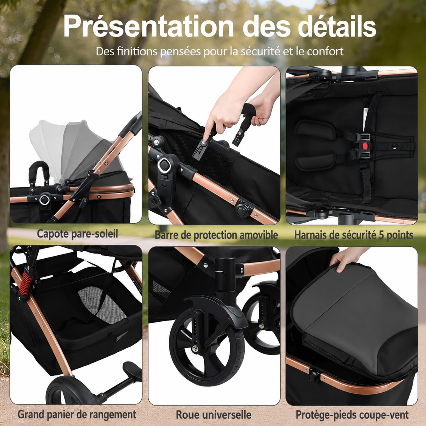 Poussette Bébé 2 en 1 Convertible, Naissance avec Mode Nacelle, Siège Réversible, Capote UPF Anti-UV, Suspension Antichoc, Harnais 5 Points, Voyage Pliable, Nouveau-né à Tout-Petit