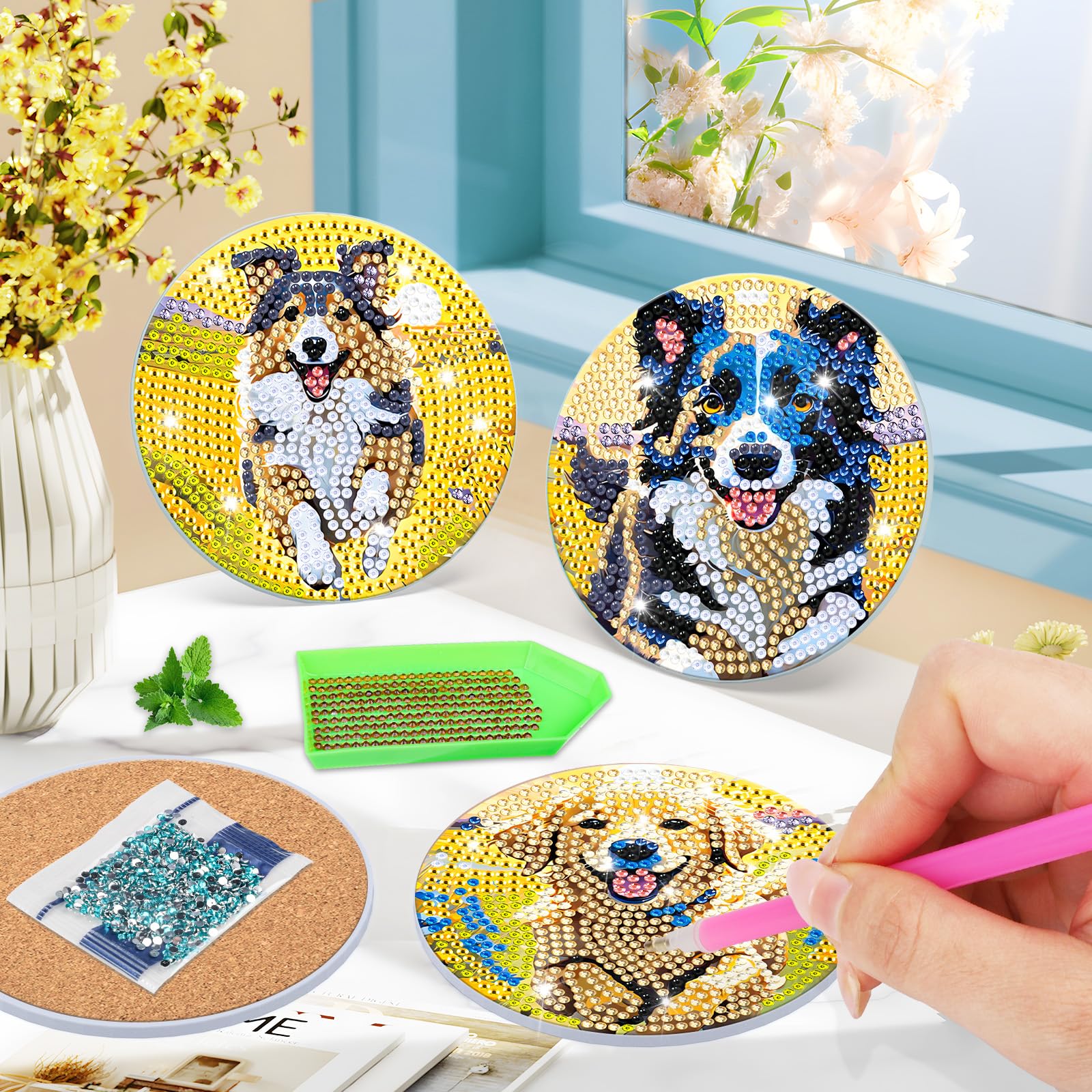 Lxmsja 8 Pcs Dog Diamond Painting Coasters with Stand, 5D Animals Diamonds Kit Diamond Art Adults - Image 2