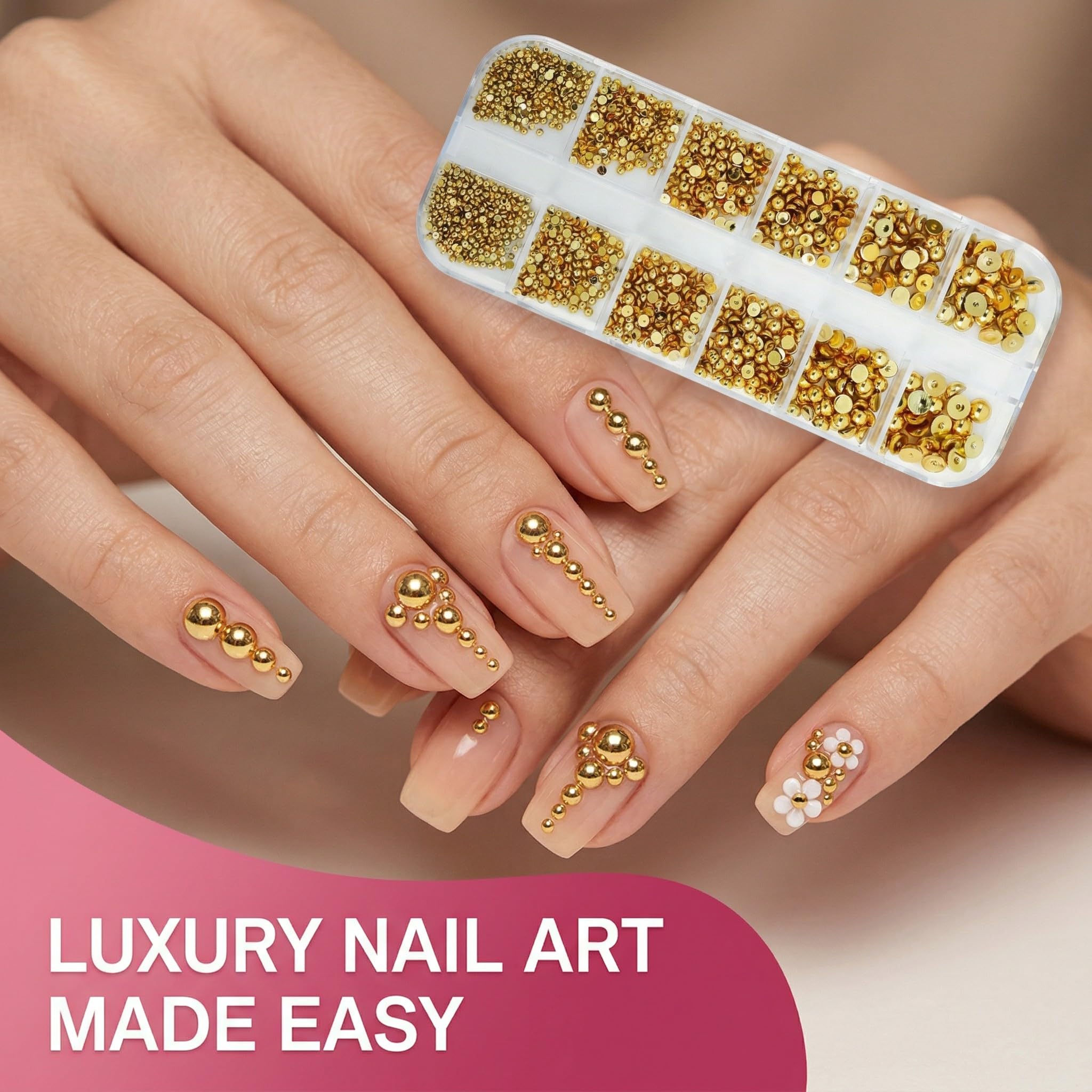 1 Boîte 3D Flatback Perle Ongle Or, Bijoux Ongles Nail Art, Strass Ongle Nail Art, Demi-Rondes Métal Perle Bijoux pour Decoration Ongle, Strass Ongles