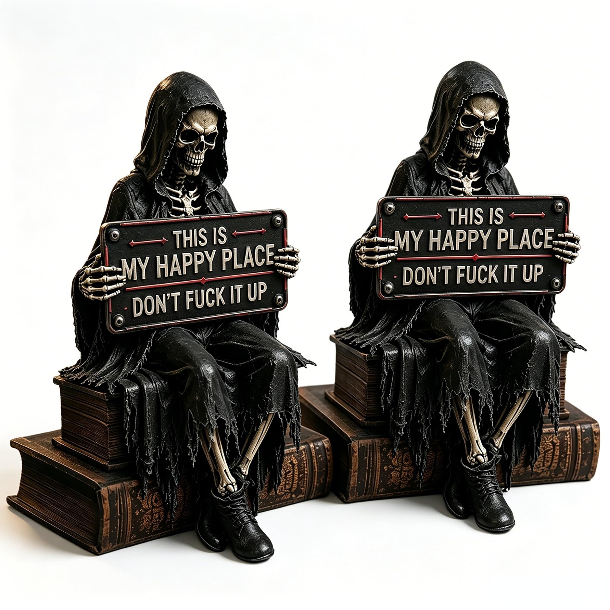 2PCS This is My Happy Place Skeleton Bookshelf Decor, Halloween Shelf Skull Statue Decor for Libraries Desks Office, Gothic Reading Figure Shelf Sitter Statue Bookshelf Nook Desk Display