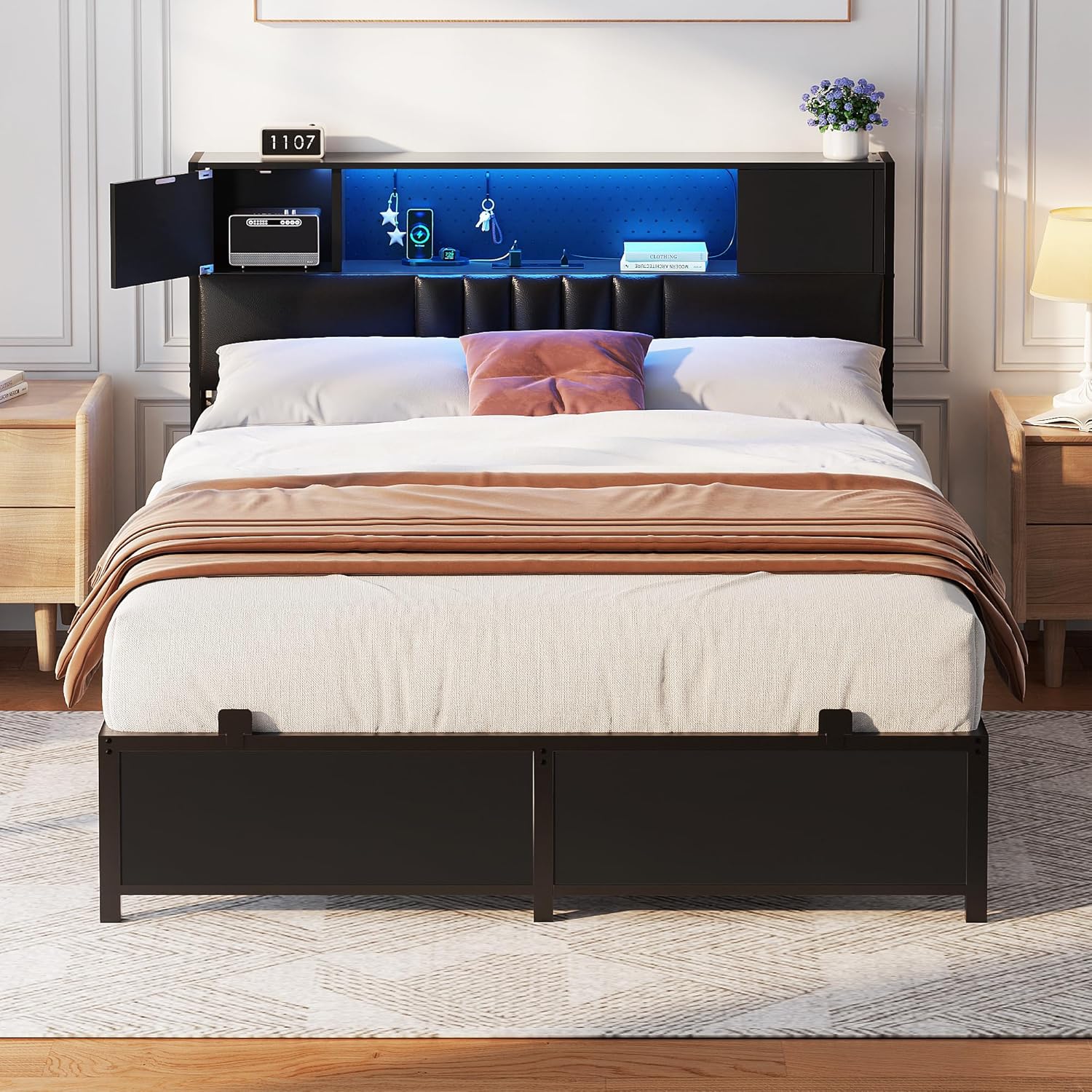 Unikito Full Bed Frame with Storage and Charging Station, Full Size Bed with Upholstered Headboard and Cabinet, Metal Platform Bed Frame, Steel Slat, No Box Spring Needed, Noise-Free, Black Full Black