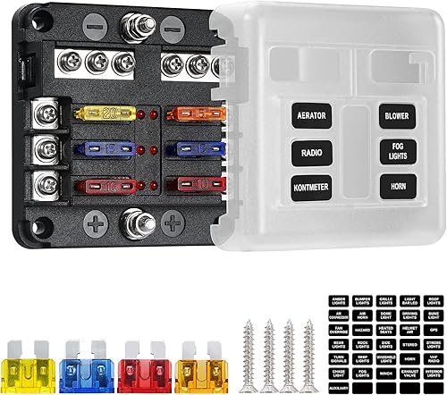 Miniatura 8 de Deyooxi Bloque de fusibles de hoja de 12 vías de 12 V, soporte de caja de fusibles ATCATO de 12 circuitos con indicador LED, cubierta de agua para