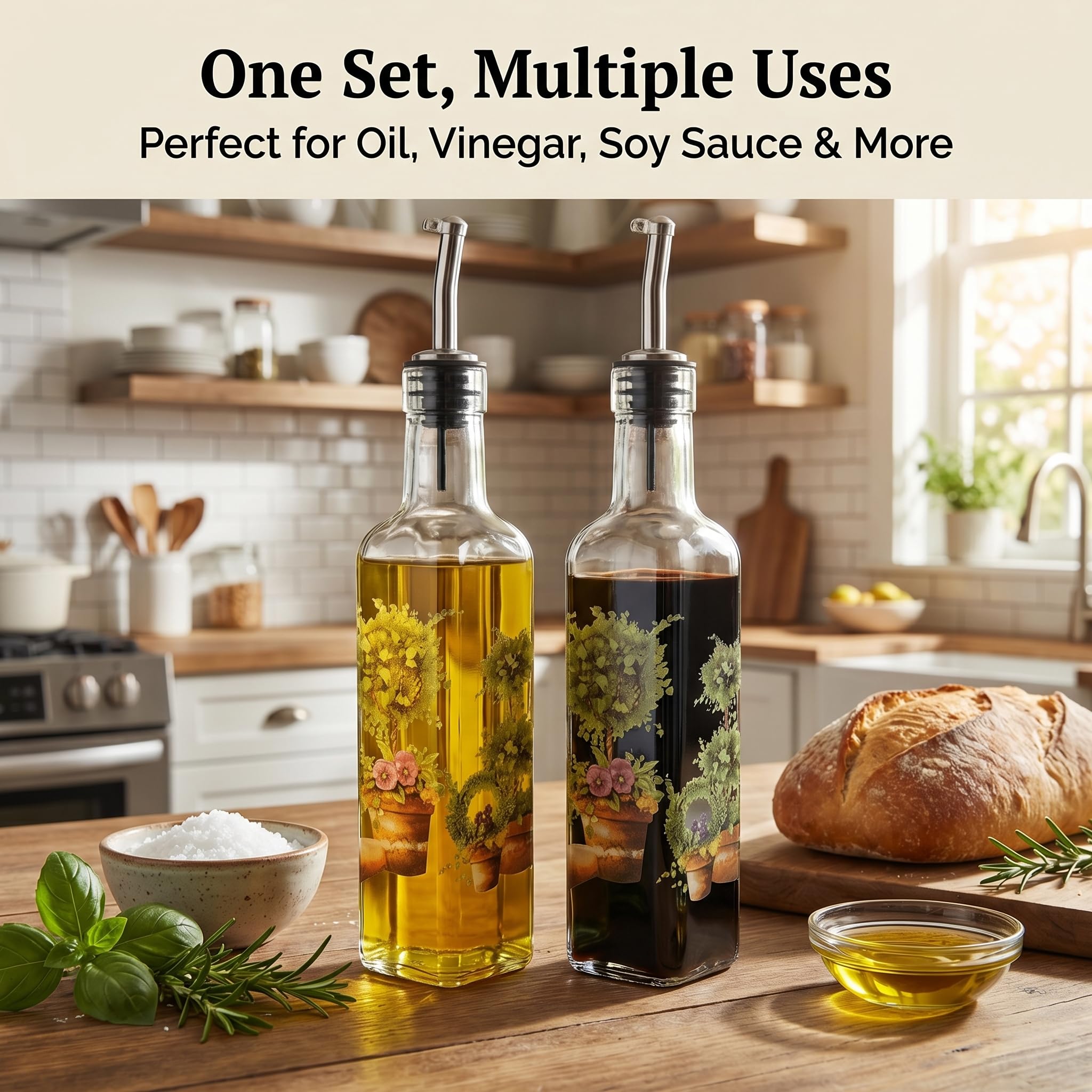 CEDAR HOME Juego de botellas de aceite de oliva con dispensador de vidrio vinagre Cruet 9 oz. Con boquilla de acero inoxidable a prueba de fugas para cocinar o ensalada, verduras
