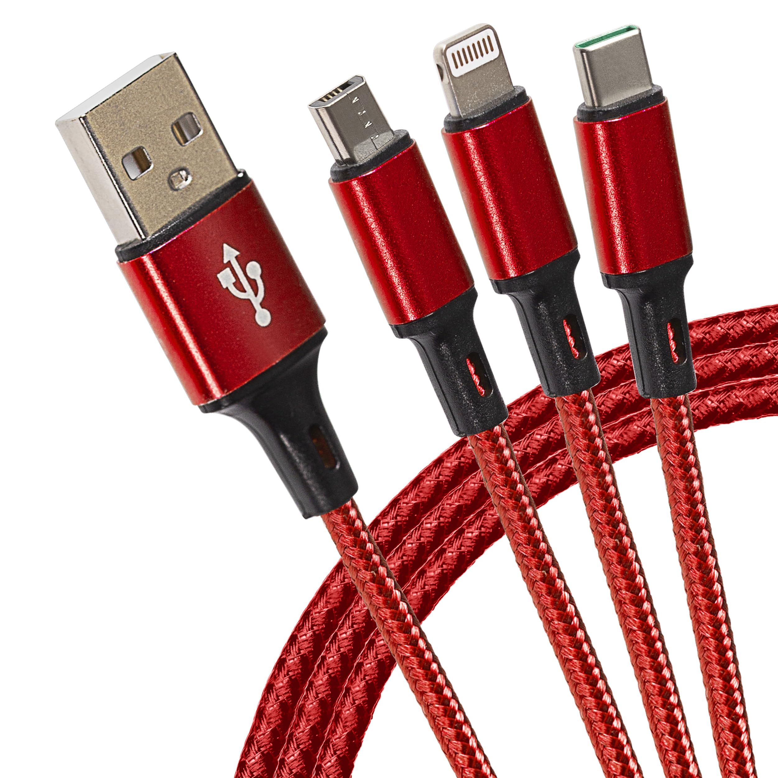 Maplin USB-A to 3 in 1 Multi Charging Cable USB-C & Lightning & Micro USB-B Braided 1.2m Red, for iPhone 15,14,13,12,11, iPad, Android phones Samsung S7/S6/S5, Sony, Huawei, PS4, HTC, Kindle, Camera