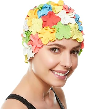 BeeMo Womens Latex Swim Cap - Rubber Swim Cap - Soft Comfortable Stretch Stylish Low Cut Design Protects Hair from Sun Salt or Chlorine Perfect for Water Activities Optional Chin Strap Available