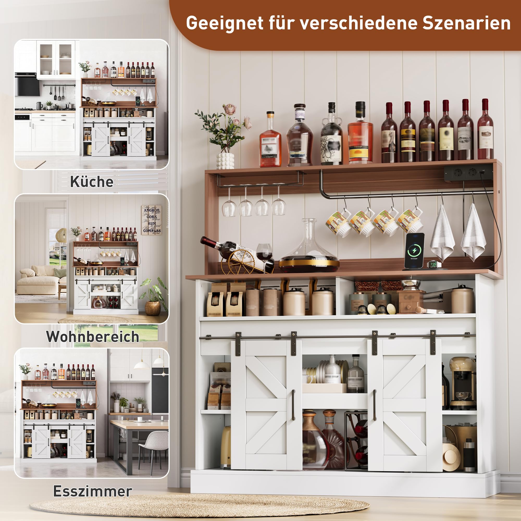 120 cm Lange Kaffeebar mit Gläserhalter und Steckdosen (2×AC, 2×USB), Sideboard mit Stauraum, Sideboard im Landhausstil für Küche/Wohnzimmer mit Schiebetüren