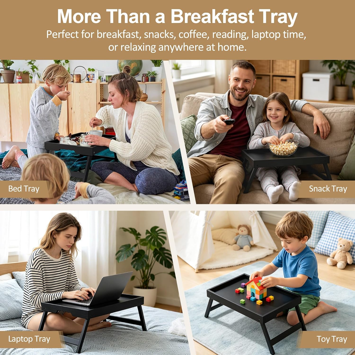 Large Breakfast Tray with Folding Legs Set of 2, 16.9" x 12.2" Bamboo Bed Tray Table with Ergonomic Wave Handles, Foldable TV Dinner Tray for Bed Couch Sofa, Breakfast, Laptop, Coffee, Black