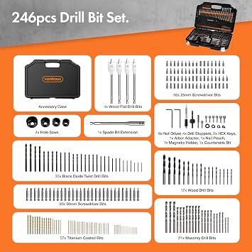 VonHaus 246pc Combination Drill Bit Set - Includes HSS Titanium Twist Drill bits, Masonry Drill Bits, Wood Drill Bits, Screwdriver Bits & More in Storage Case - for Metal, Masonry, Wood & Plastics