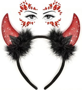 U-Zomir Devil Horns Headband with Face Jewels, Devil Costume for Women Halloween Headband Devil Costume Accessories