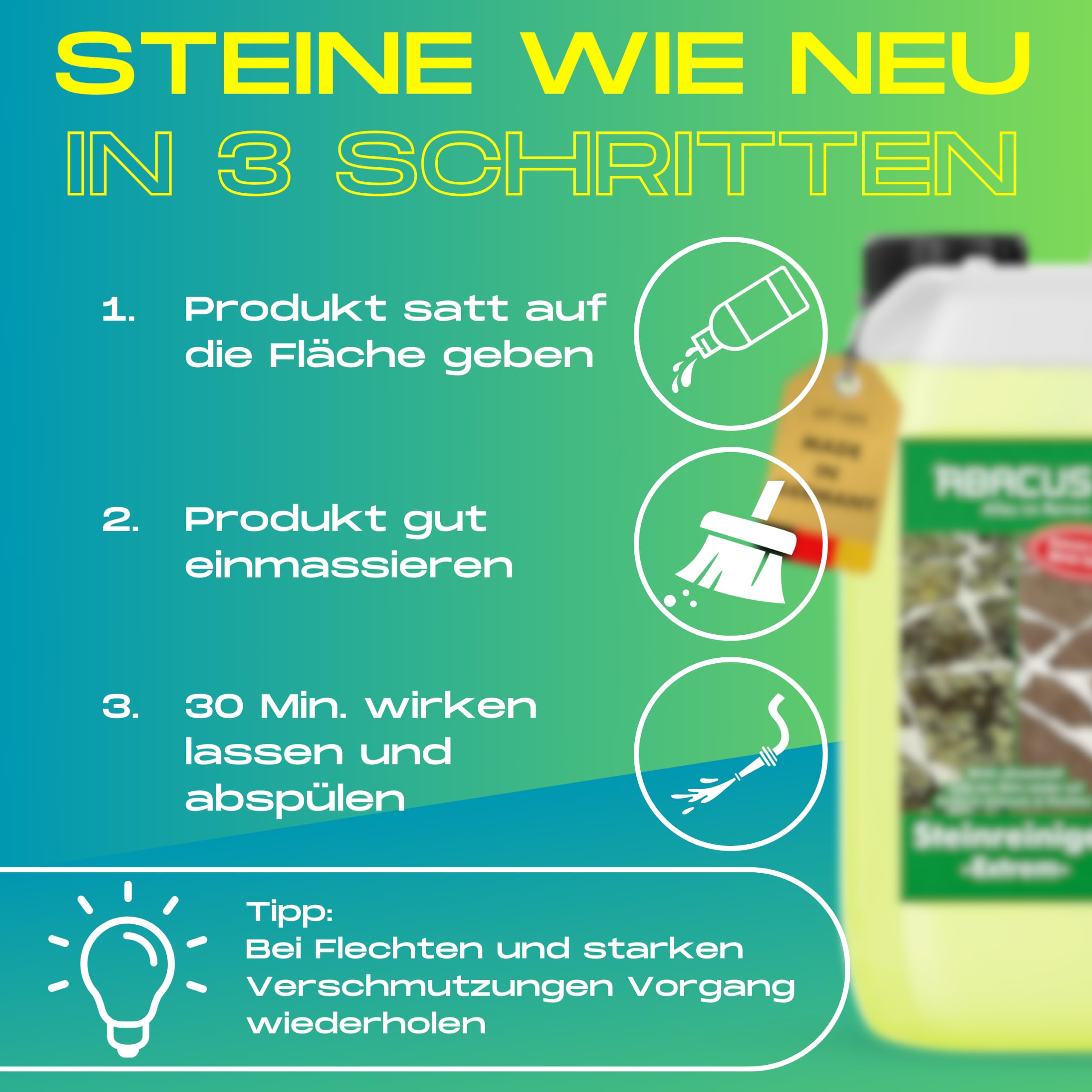 ABACUS® Steinreiniger Extrem 20 Liter, intensiver Steinreiniger für außen mit Sofortwirkung, entfernt sofort Schmutz, Grünbelag, Flechten & Algen auf und Stein in Minuten, Steinreiniger Intensiv außen