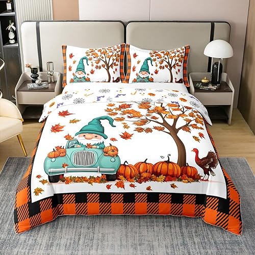 Erosebridal Juego de ropa de cama de gnomo, calabaza de otoño, 100% algodón, funda de edredón King de Acción de Gracias, pollo, pavo, cosecha de