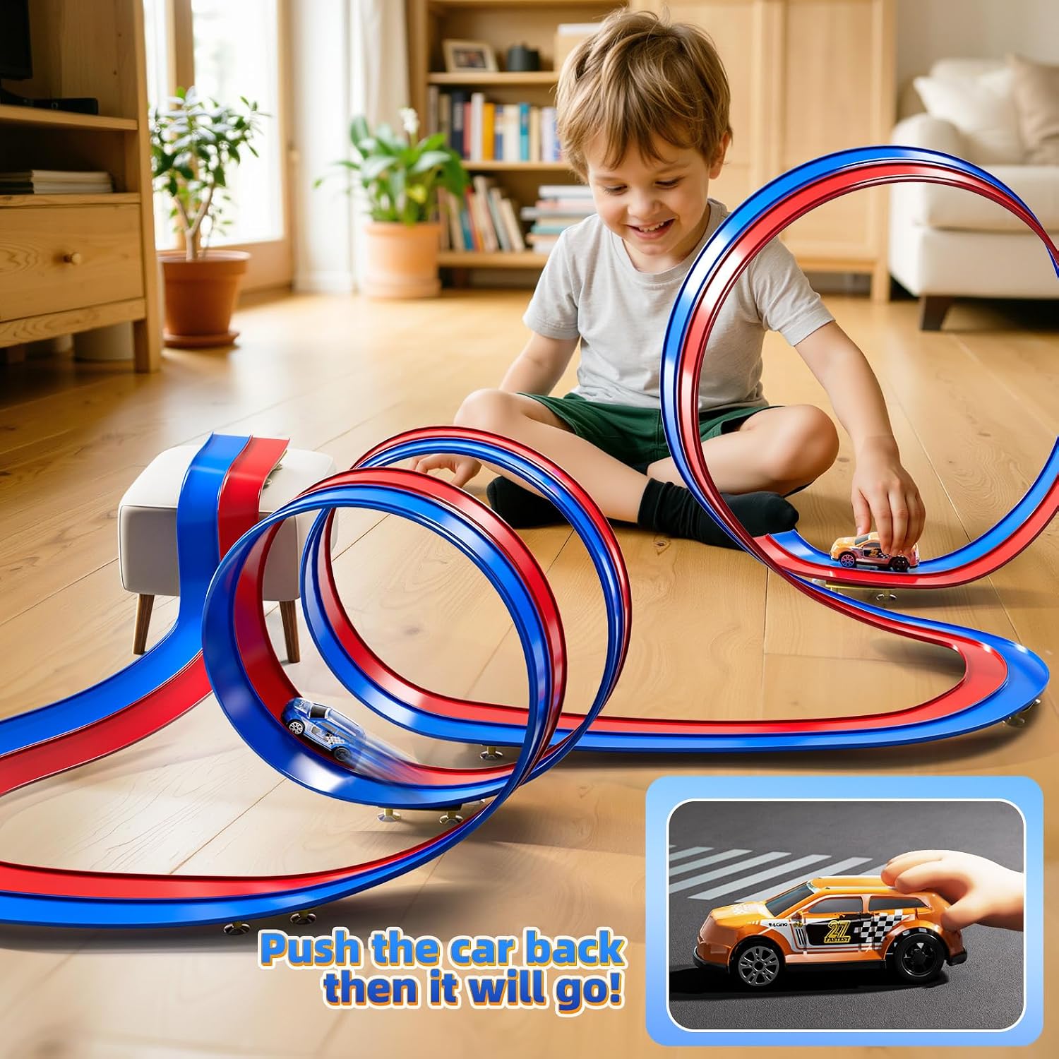 15 Ft Flexible Race Track Set for Kids 3 4 5 6 7 8 Years Old, Race Car Ramp Track with 2 Small Cars, Portable Car Track for Toddlers 3-8, Birthday Gifts for Boys Girls Ages 3+
