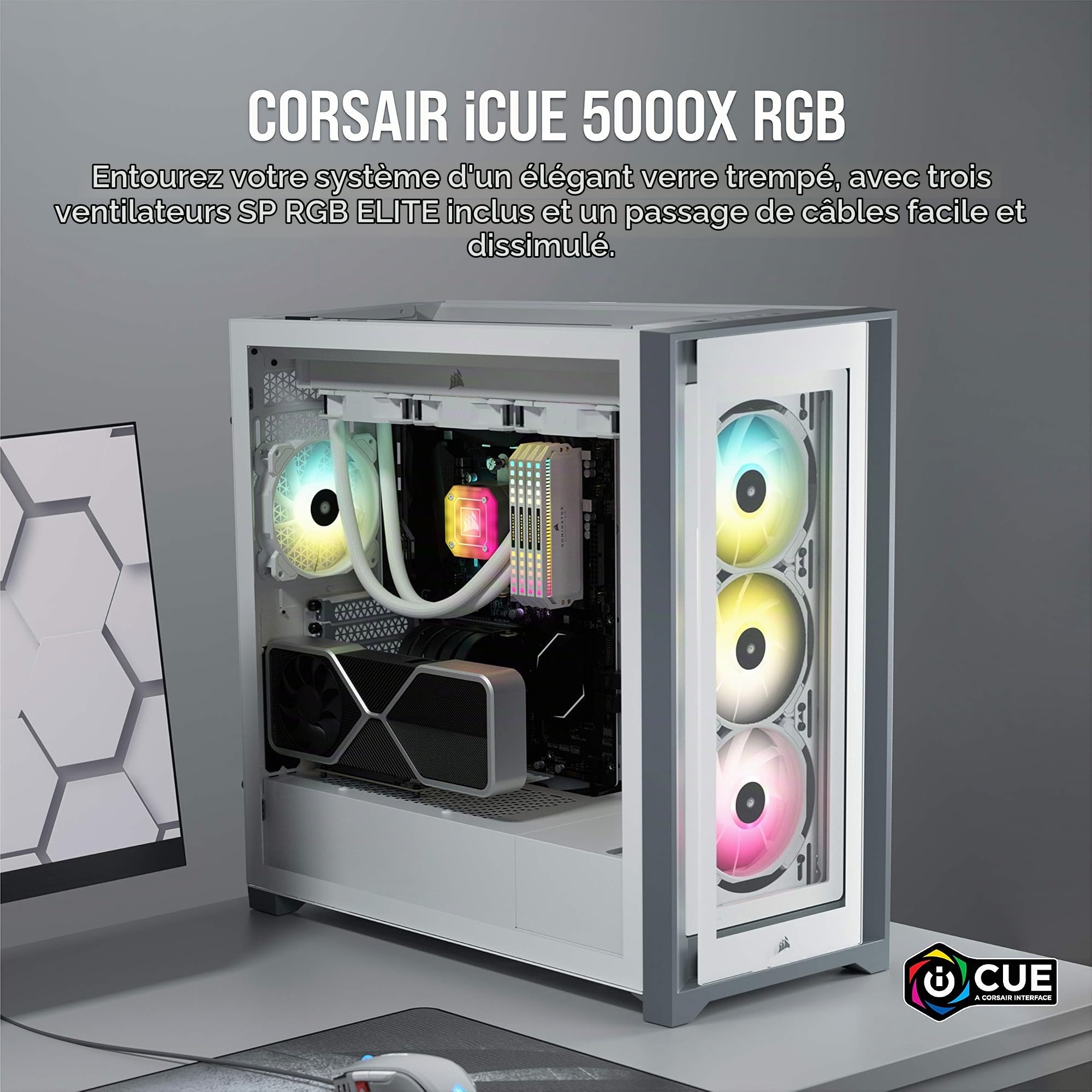 Corsair iCUE 5000X RGB Moyen-Tour Connecté en Verre Trempé Boîtier (Quatre Panneaux en Verre Trempé, Système de Câbles RapidRoute, Trois Ventilateurs RGB de 120 mm Inclus, Éclairage Intelligent) Blanc