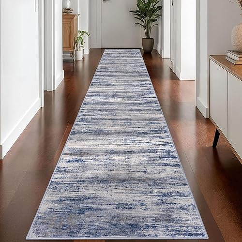 Miniatura 55 de KOZYFLY Alfombra moderna abstracta lavable de 2.6 x 10 pies, antideslizante, suave, alfombra de camino de cocina, alfombra a rayas azules óxido para